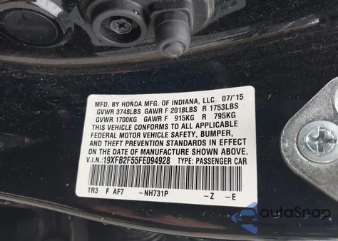 2015 Honda Civic Lx z USA, uszkodzony, nr VIN 19XFB2F55FE094928